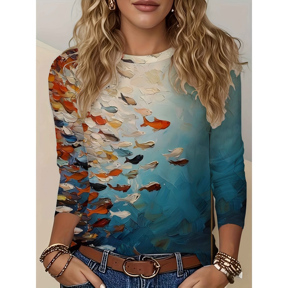 Women'S Long Sleeve Fish Print T-Shirt - Vibrant Ocean Scene with Fish, Coral & Sky Design, Breathable Round Neck Tee for Spring/Fall Casual Wear, Spring Fashion Tee | Vibrant Print Top | Comfortable Fit
