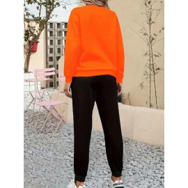 Women'S Casual Sports Fashion Bear Basketball Pattern Crew Neck Sweatshirt Set with Knit Fabric, 100% Polyester Material, Fall/Winter Season, Slight Stretch Fabric, Solid Color Pants - Athletic Loungewear Outfits