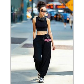 3-Pack Women'S Chicago Letter Print Sweatpants, Elastic Waist Casual Joggers, Polyester Knit, Loose Fit, Pockets, All-Season Sportswear, Adult Sizes