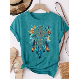 [Dreamcatcher T-Shirt] Bohemian Dreamcatcher Women's T-Shirt | Casual Loose Fit Round Neck Short Sleeve Top, Breathable Machine-Washable Fabric for Summer Vacation & Casual Attire, Multi-Color Options S-XXL