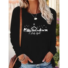 Women's Long Sleeve T-Shirt - Black Round Neck Casual Polyester Top with Geometric Applique Design, Machine Washable Holiday Apparel for Autumn Winter, Festive Clothing, Festive Design, Detailed Embroidery