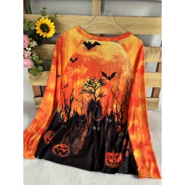 [Plus Size Halloween T-Shirt] Plus Size Halloween T-Shirt - Stretchy V-Neck Top with Pumpkin, Black Cat, Bat & Haunted House Graphic - Non-See-Through Fabric for Fall/Winter - Casual Halloween Party Shirt, Festive Attire, Holiday Apparel, Comfortable Fit