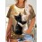 Plus Size, Women's Plus Size Oversized Cat T-Shirt - Fantasy Forest Print with Black & White Kittens, Castle & Golden Leaves - Soft Stretch Round Neck Short Sleeve Summer Top for Casual & Elegant Outfits (Machine Washable) - Cat Lover Apparel
