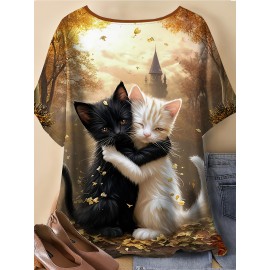 Plus Size, Women's Plus Size Oversized Cat T-Shirt - Fantasy Forest Print with Black & White Kittens, Castle & Golden Leaves - Soft Stretch Round Neck Short Sleeve Summer Top for Casual & Elegant Outfits (Machine Washable) - Cat Lover Apparel