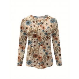 [Elegant Floral Blouse] Plus Size Women's Elegant Long Sleeve Floral T-Shirt | Fall/Winter Tops, Beige/Blue/Brown, Machine Washable, Versatile for Everyday & Formal Outfits - Classic Design, Durable, Professional Blouse