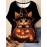 [Halloween] Plus Size, Women's 3D Halloween Cat & Jack-O'-Lantern Print T-Shirt - Cute Kitten in Witch Hat & Pumpkin Design, Soft Round Neck Short Sleeve Top, Machine Washable All-Season Comfort for Fall Parties & Casual Attire (Black)