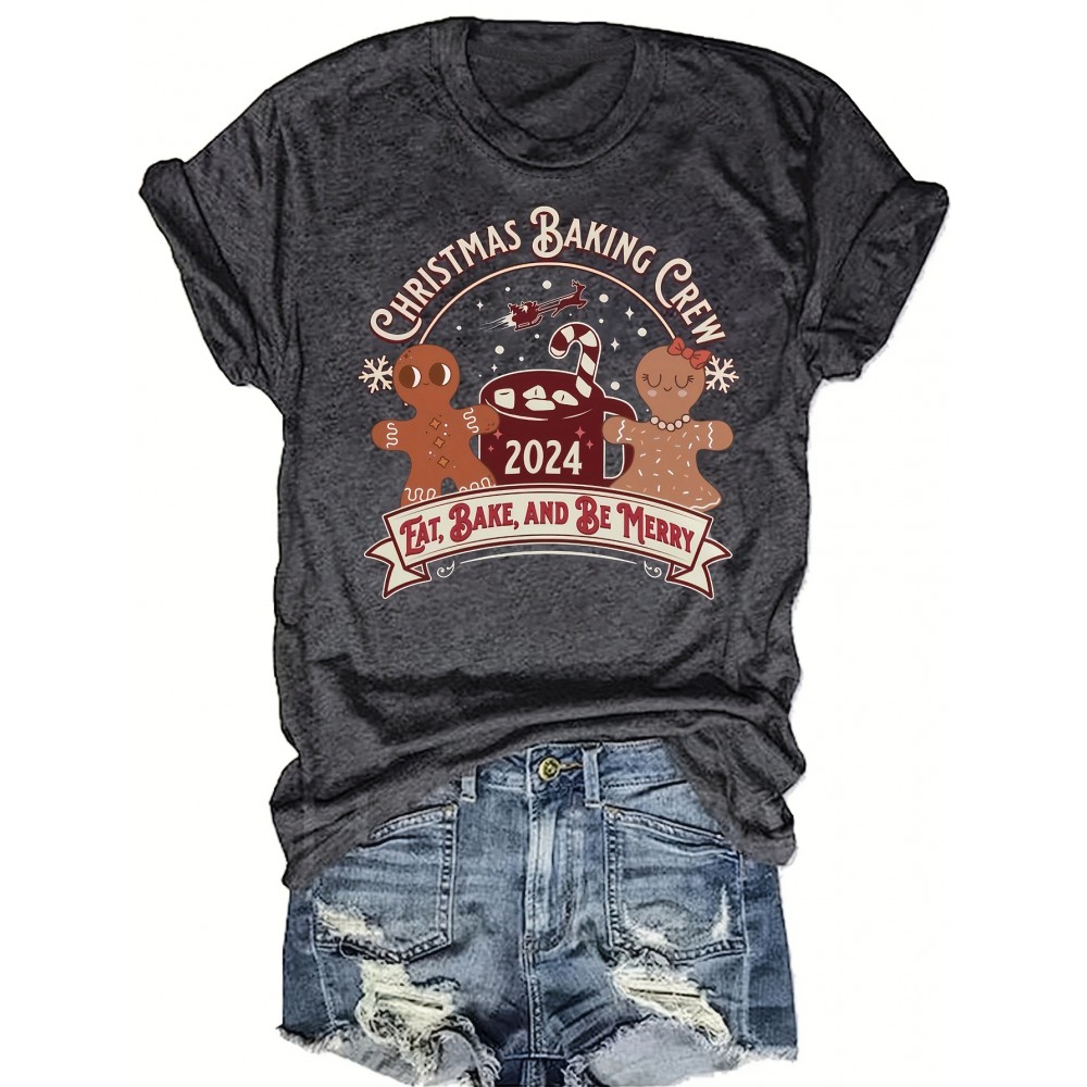 [Plus Size Christmas Tee] Plus Size Women's Christmas Baking Crew Graphic T-Shirt - Festive Gingerbread & Santa Design, 