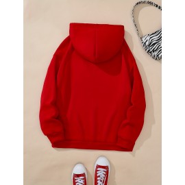 Plus Size Cozy Chic Letter Print Drawstring Hoodie - Soft Warm Fleece Lined Long Sleeve Sweatshirt with Relaxed Fit for Fall & Winter - Women's Comfortable Casual Wear for Everyday