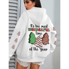 Winter Warmth | Women's Plus Size Christmas Tree Print Hoodie - Cozy Long Sleeve Pullover with Pockets, Festive 