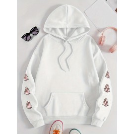 Winter Warmth | Women's Plus Size Christmas Tree Print Hoodie - Cozy Long Sleeve Pullover with Pockets, Festive 