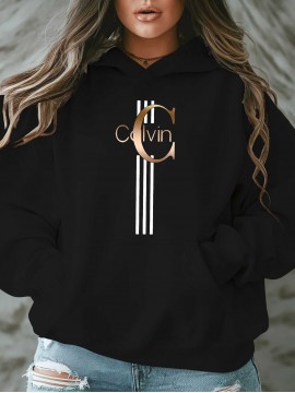 Calvin s Plus Size Oversized Hooded Sweatshirt - Light Grey with Black Letter 'C' & Golden Stripes Print, Cozy Fleece Pullover with Pockets, Women's Autumn Winter Casual Clothing, Autumn Winter Apparel, Comfortable Sweatshirt