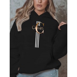 Calvin s Plus Size Oversized Hooded Sweatshirt - Light Grey with Black Letter 'C' & Golden Stripes Print, Cozy Fleece Pullover with Pockets, Women's Autumn Winter Casual Clothing, Autumn Winter Apparel, Comfortable Sweatshirt