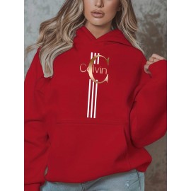 Calvin s Plus Size Oversized Hooded Sweatshirt - Light Grey with Black Letter 'C' & Golden Stripes Print, Cozy Fleece Pullover with Pockets, Women's Autumn Winter Casual Clothing, Autumn Winter Apparel, Comfortable Sweatshirt