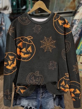 Plus Size, Women's Plus Size Halloween Sweatshirt - Black & Orange Jack-O'-Lantern Pumpkin Spiderweb Graphic Pullover - Cozy Fall Party Outfit - Machine Washable Casual Halloween Top for Women