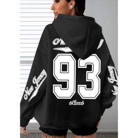 [Plus Size Hoodie] Soft Women's Plus Size Oversized Hoodie with New Jersey 93 Graphic Print | Machine Washable, Comfortable Clothing, Durable Fabric, Streetwear Fashion, Relaxed Fit, Breathable Material, Unisex Style, Black with White Lettering