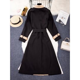 Elegant Beige & Black Color Block Trench Coat with Lapel Collar - Long Sleeve, Mid-Length, Button-Up Outerwear for Women, Perfect for Fall 2025, Stylish Commuter Wear | Chic Lapel Collar | Structured Design