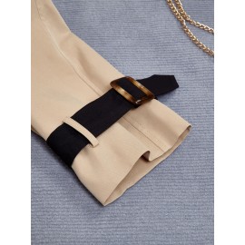 Elegant Beige & Black Color Block Trench Coat with Lapel Collar - Long Sleeve, Mid-Length, Button-Up Outerwear for Women, Perfect for Fall 2025, Stylish Commuter Wear | Chic Lapel Collar | Structured Design