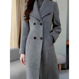 Double Breasted Lapel Longline Jacket, Elegant Long Sleeve Pockets Simple Slim Overcoat For Fall & Winter, Women's Clothing