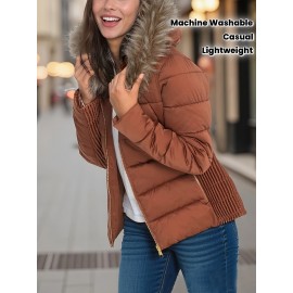 Women's Lightweight Quilted Hooded Jacket with Detachable Faux Fur Hood, Golden Metal Zipper & Side Gathers - Machine Washable Regular Fit Coat for Fall & Winter, Casual Outerwear