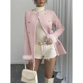 New Women's Elegant Tweed Coat - Chic Button Front Long Sleeve Coat with Structured Fit, Machine Washable Solid Color Outerwear for Fall Winter