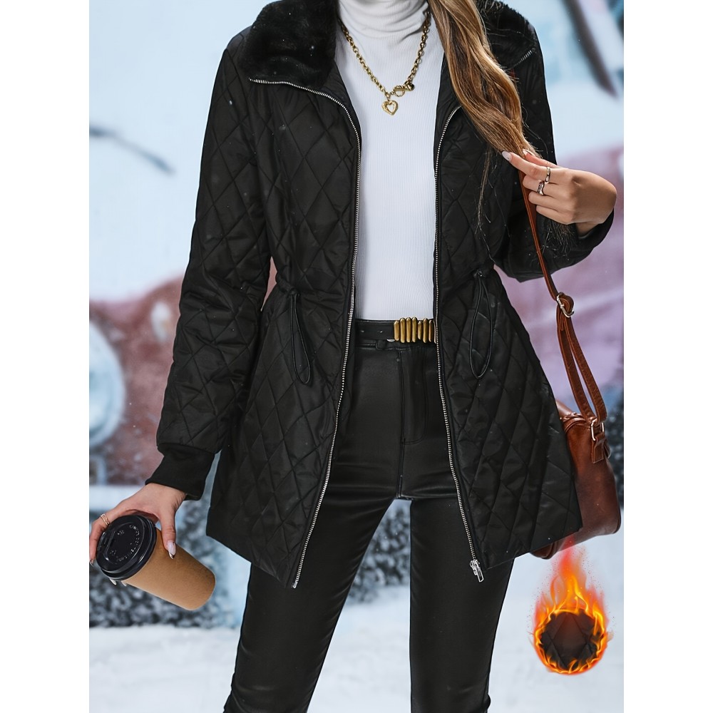 [Elegant Quilted Jacket] Elegant Women's Quilted Jacket | Color Block Design, Drawstring Waist, Machine Washable | Non-Stretch Fabric for Spring/Fall Transitional Outerwear, Casual to Semi-Formal Occasions