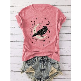 Women'S Vintage Gothic T-Shirt - Soft Pink Pastel Tee with Crow & Crescent Moon Graphic - Everyday & Special Occasion Top - Sizes S-XXL - Casual Gothic Apparel for Women, Goth T Shirt, Allseason Clothing, Comfortable Fit Shirt