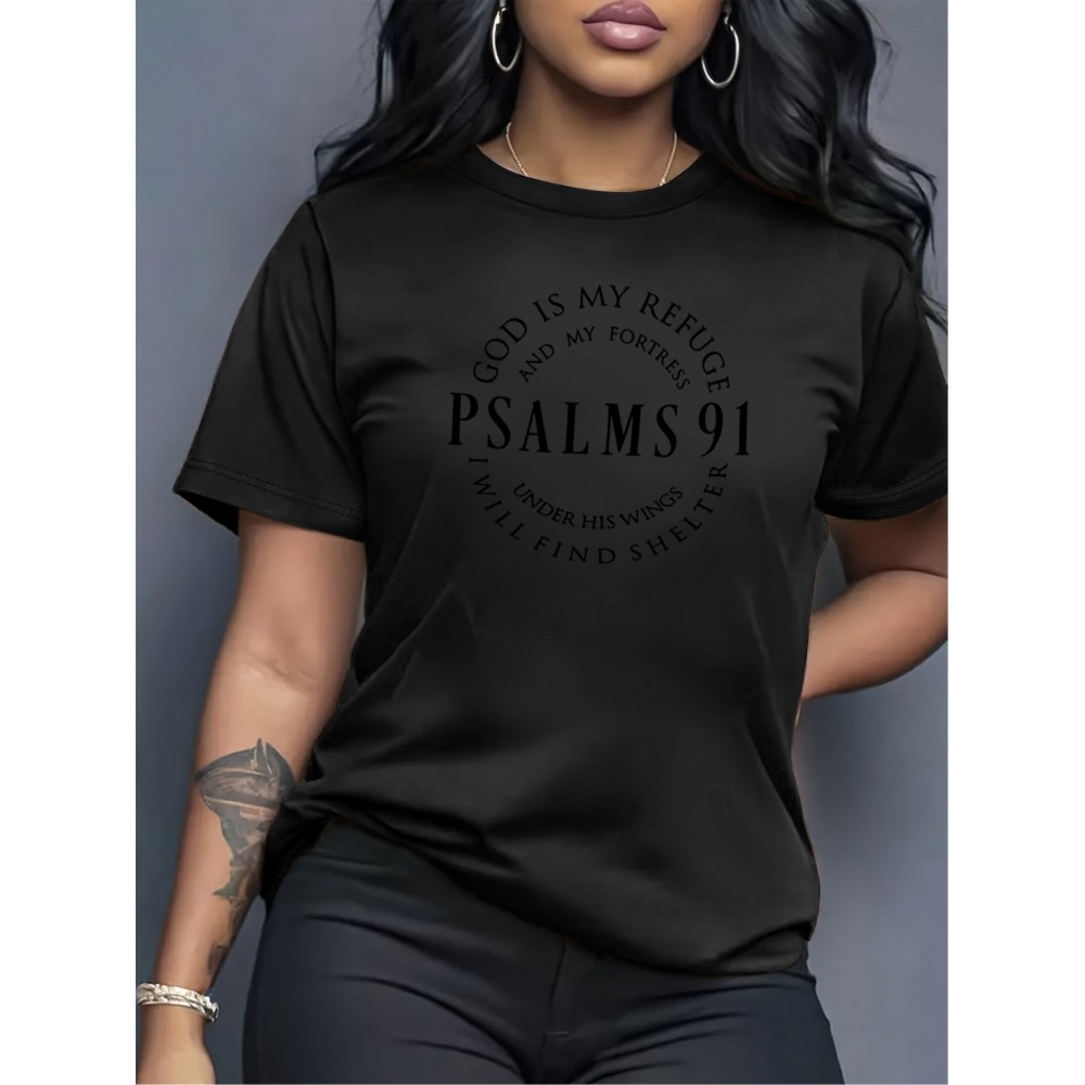 Calvin Women'S Graphic T-Shirt - Psalms 91:11 Inspirational Bible Verse Print, Soft Stretch Round Neck Tee, Breathable Casual & Athletic Wear for Everyday Comfort, All-Season Black Top, Comfortable Clothing | Motivational Apparel | Soft Fabric Tee