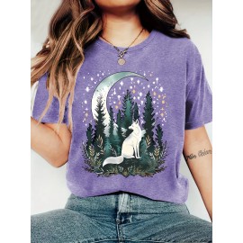 [Bohemian | Soft Stretch] Women's Bohemian T-Shirt | Soft Stretch Round Neck Short Sleeve Top | Fox & Pine Forest Graphic, All-Season Casual, Machine Washable, Multi-Color S-XXL