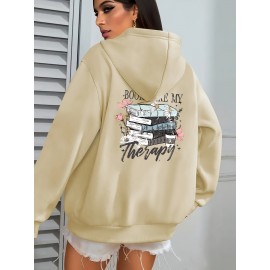 Plus Size, Women's Winter Elegant Geometric Print Hooded Sweatshirt - Cozy Pullover Hoodie with Book & Floral Design, 