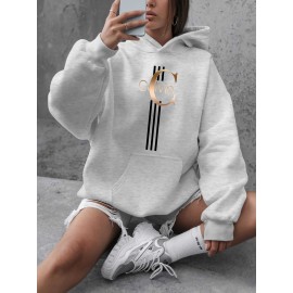 Calvin s Plus Size Oversized Hooded Sweatshirt - Light Grey with Black Letter 'C' & Golden Stripes Print, Cozy Fleece Pullover with Pockets, Women's Autumn Winter Casual Clothing, Autumn Winter Apparel, Comfortable Sweatshirt